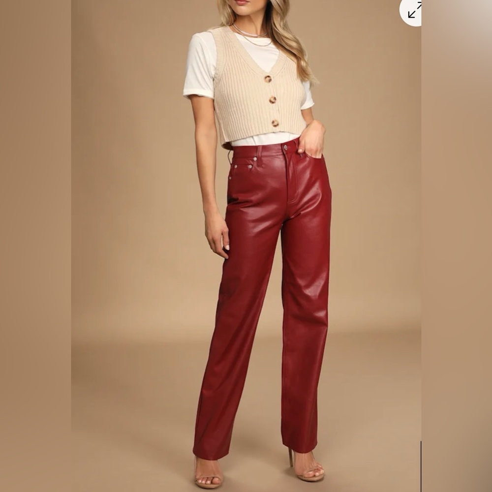 Cassie Red Vegan faux Leather High-Waisted Straight Pants in Carmine sz 30 NWOT